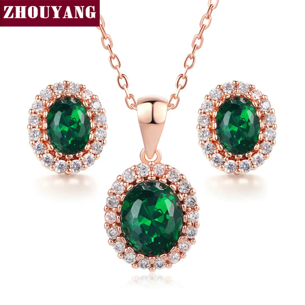

ZHOUYANG Top Quality ZYS106 Rose Gold Color Created Green Austrian Crystal Jewelry Set With 2 Pcs Eearrings + Necklace