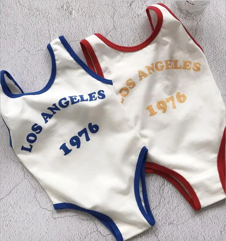 

2018 vintage baby girls swimwear 2-8yrs children sporty styles onesie bathing suit little girls letter simply styles swimsuit
