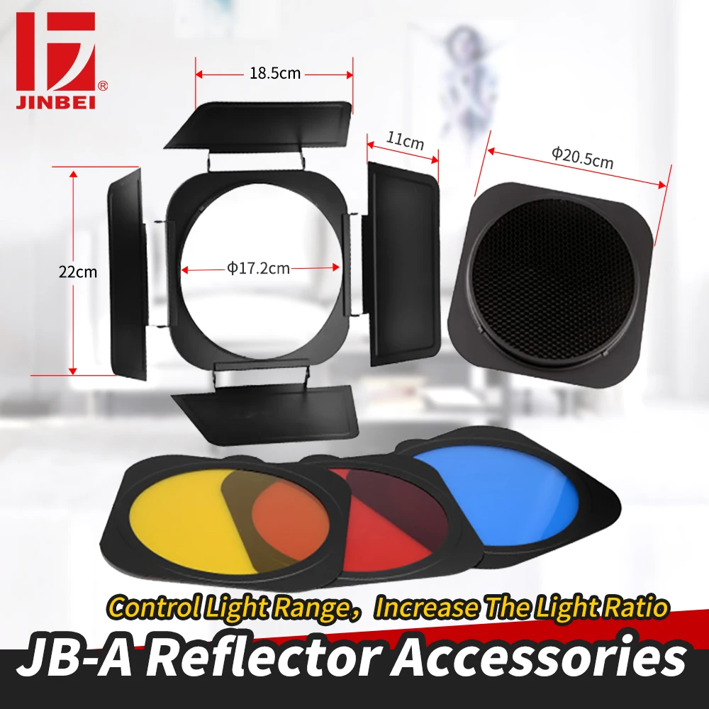 

JINBEI JB-A Metal Barndoor Barn Door with Honeycomb Grid and 3 Color Filters Gel for Standard Reflector Strobe Flash
