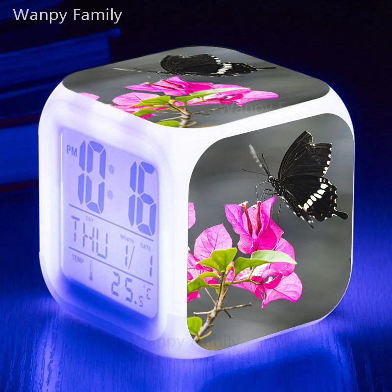 Цветы бабочки Будильник 7 цветов светодиодный светящийся цифровой сигнализации Часы для детской комнаты Desktop многофункциональный Flash Watche часы
