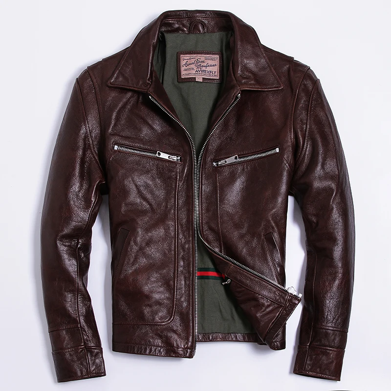 AVIREX FLY натуральная кожаная куртка Для мужчин коричневый для отдыха куртка из воловьей кожи с лацканами Slim Fit Зимнее пальто для отдыха Костюмы мужской