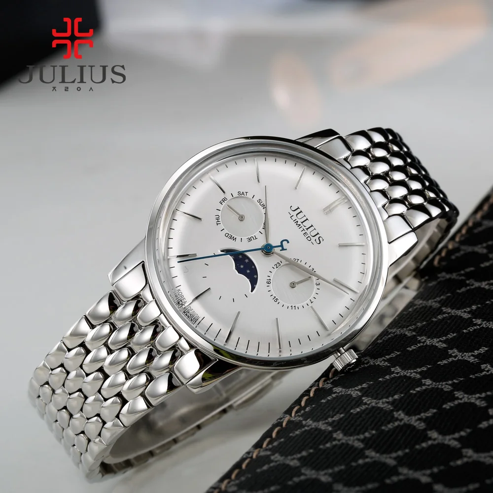 Часы с хронографом Julius модные кварцевые часы из стали 316L логотипом бренда Moon Phase