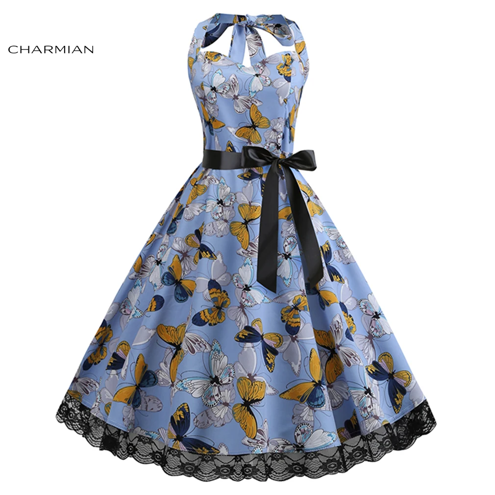 

Charmian Women's Vintage Halterneck Sweetheart Bodice Floral Pattern Backless Summer Swing Dress