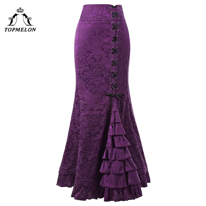 TOPMELON Mermaid Skirt Maxi Full Length Costume for Shows Party Performance Lace Up Ruffles