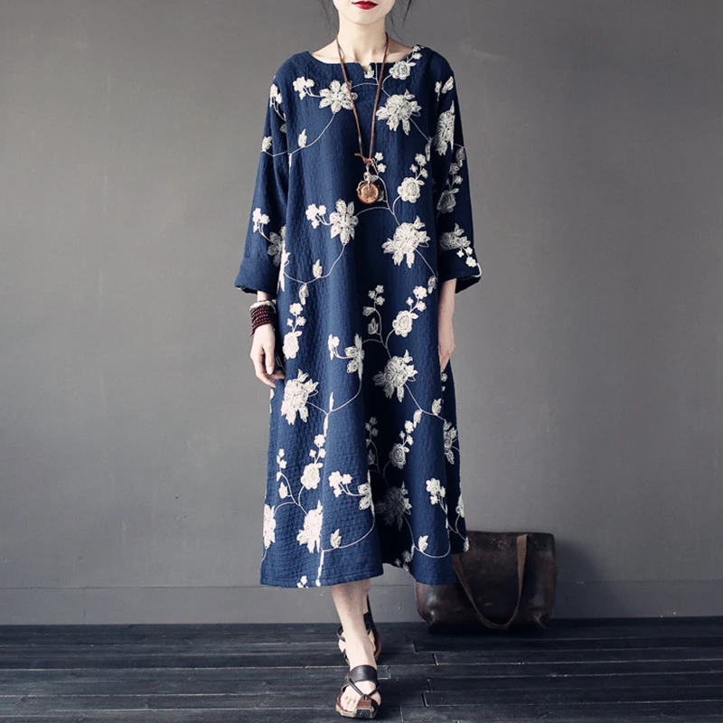 Women Dress Big Size 2016 Spring Winter Flower Embroidery Vintage Dress Vestidos Dress Long Sleeves Bottom Dresses HY271