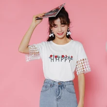 Для женщин цветочной вышивкой Корейская Академия ветер О-образным вырезом свободные Простой полый рукав футболки Повседневное хлопок половина футболка