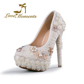 

Love Moments handmade white wedding shoes pearl flowers platform high heels pumps women shoes party shoes Birthday Party Shoes