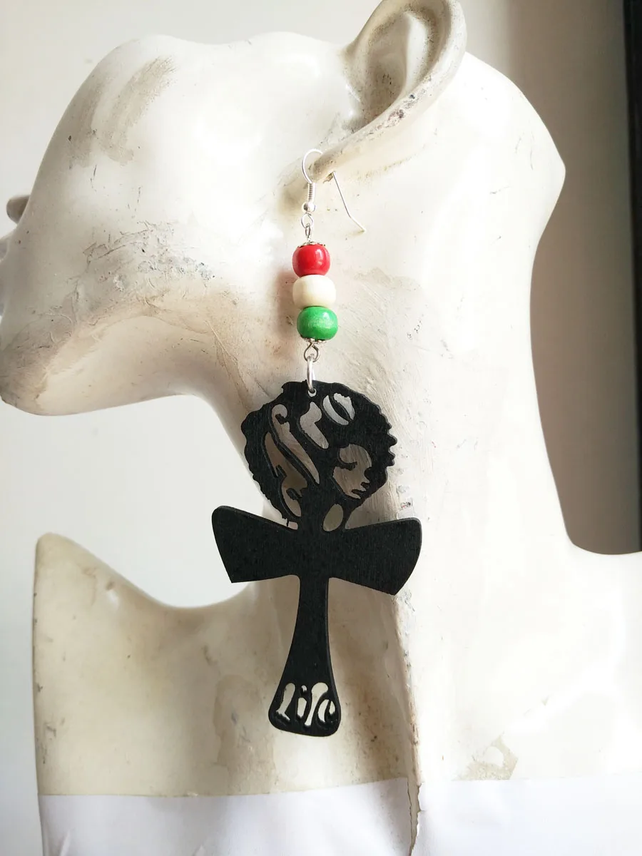 

5 pair/lot 2016 new Natural / black / brown 3 color afro life ankh long wood earrings for women Jewelry WE-03047