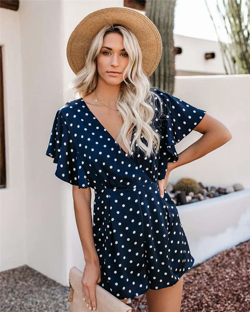 jumpsuit 2019 Women's Short Sleeve Ruffles combinaison femme V Neck Bandage polka Dot Playsuit Party Clubwear Jumpsuit June29 | Женская