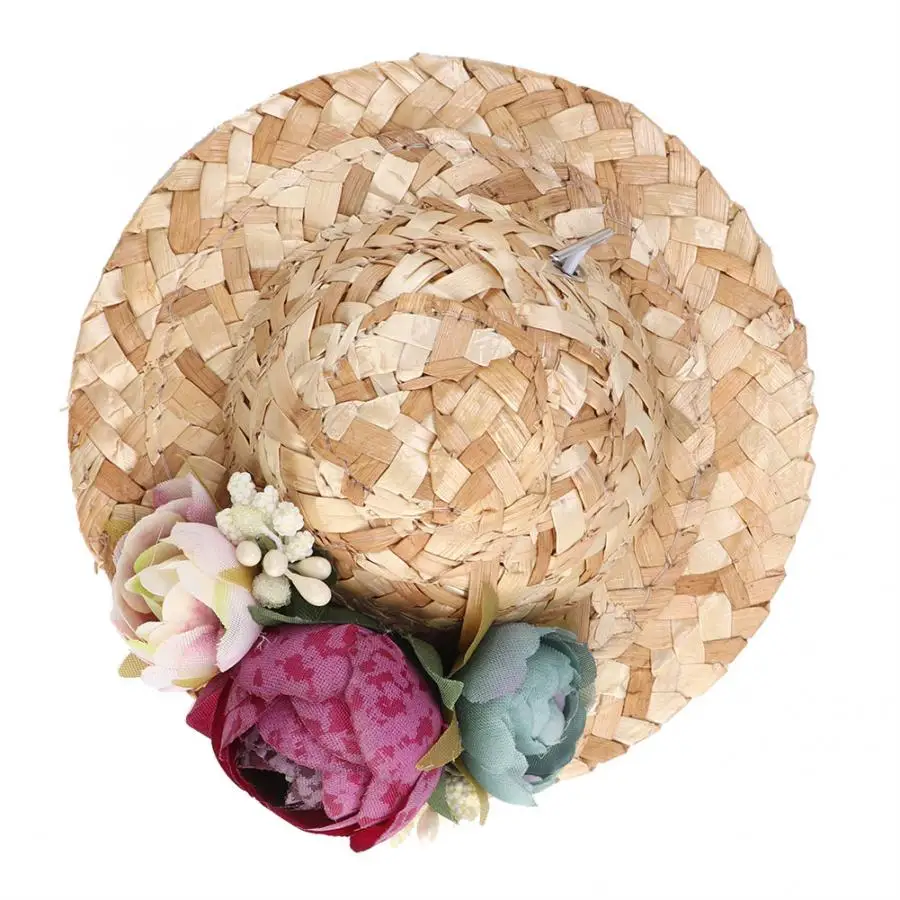 

Sleeping Cute Animal Cages Pet Dog Cat Mini Straw Sombrero Sun Hat With Colored Flower Collar Decor Pet Guinea Pig