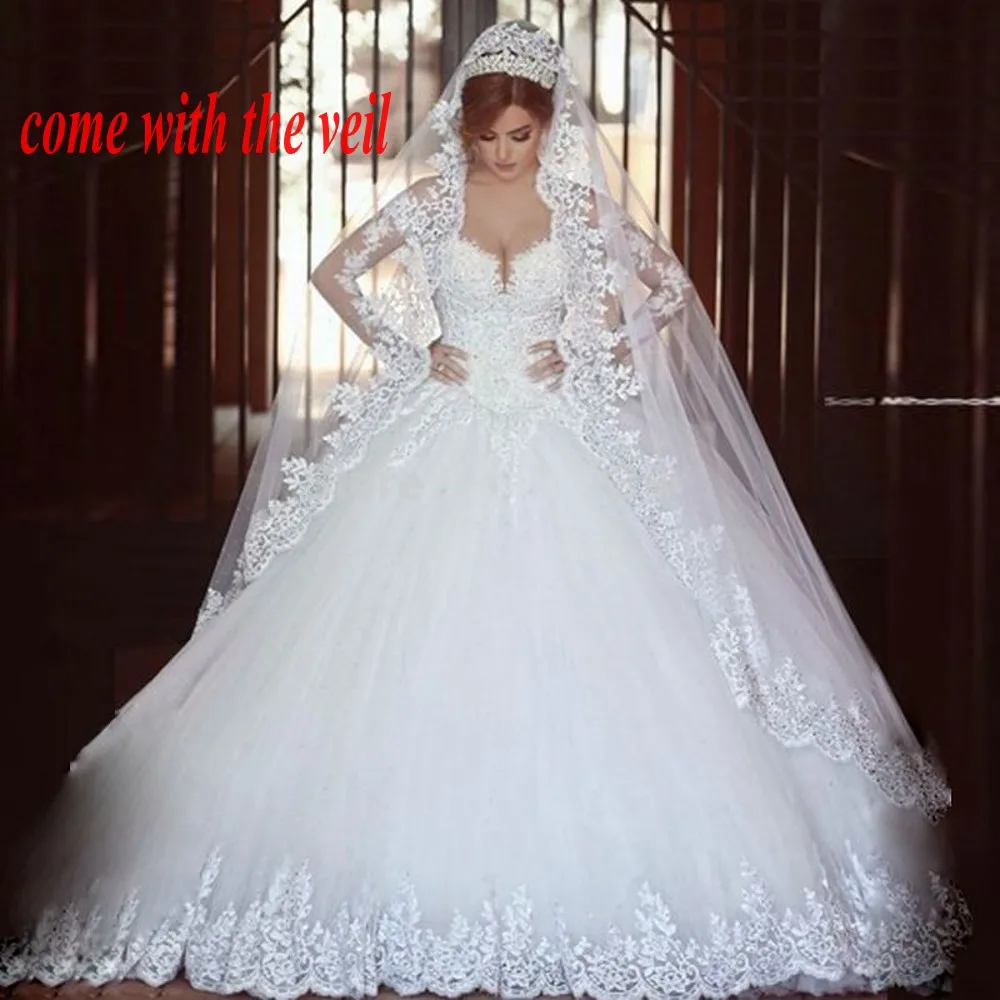 

Long Sleeves Appliques Arab Wedding Dresses Muslim Bridal Gowns vestido de noiva princesa Bride Dress with Veil trouwjurk