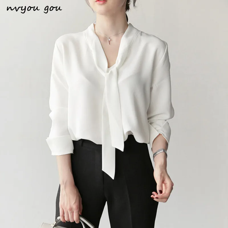 nvyou gou White V Neck Chiffon Blouse Long Sleeve With Bow Tie Summer Office Lady Casual Solid Shirt Elegant Top Women Plus Size Blouses