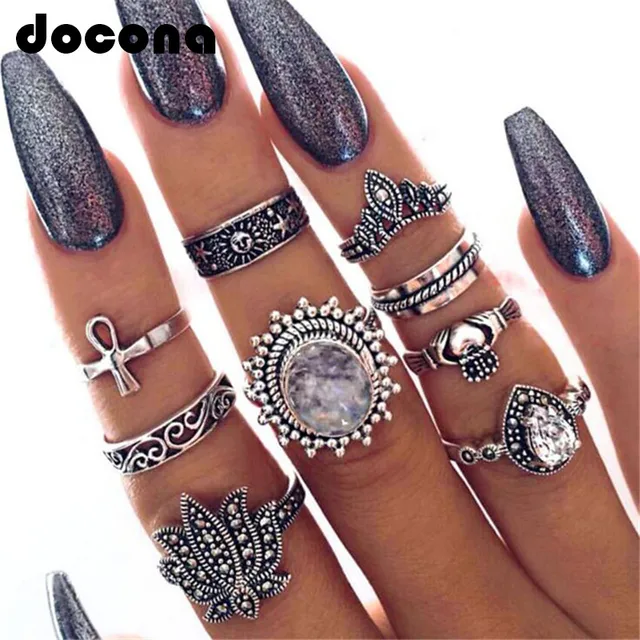 Docona Boho Argento Antico di Colore di Loto Forma di Corona Midi Anelli Set per Docona Boho Argento Antico di Colore di Loto Forma di Corona Midi Anelli Set per