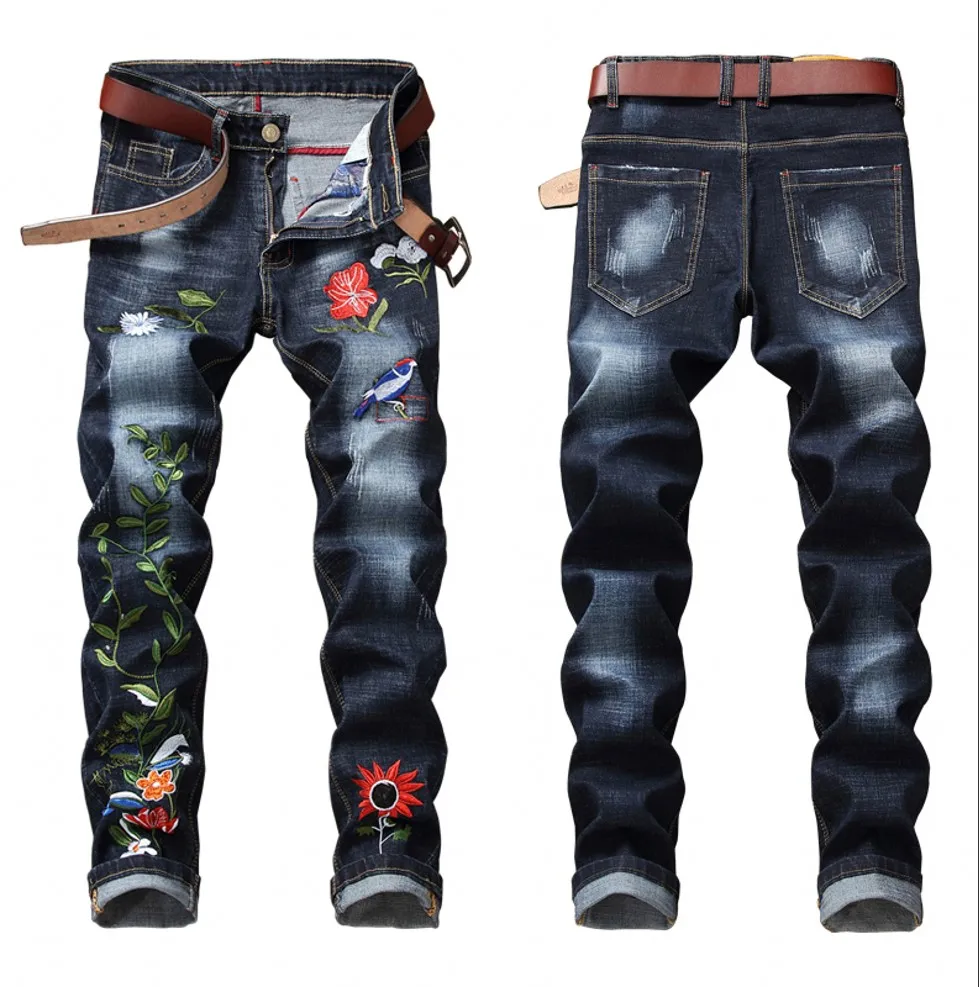 Джинсы с вышивкой и дырками, метросексуальные Прямые рваные джинсы, повседневные Узкие рваные джинсы с розами, мужские брюки, джинсовые штаны - Цвет: Серебристый