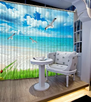 

3D Curtains Custom any size Seabirds sea spray green leaf Scenery Digital Photo Printing Blackout 3D Curtains for Living Room