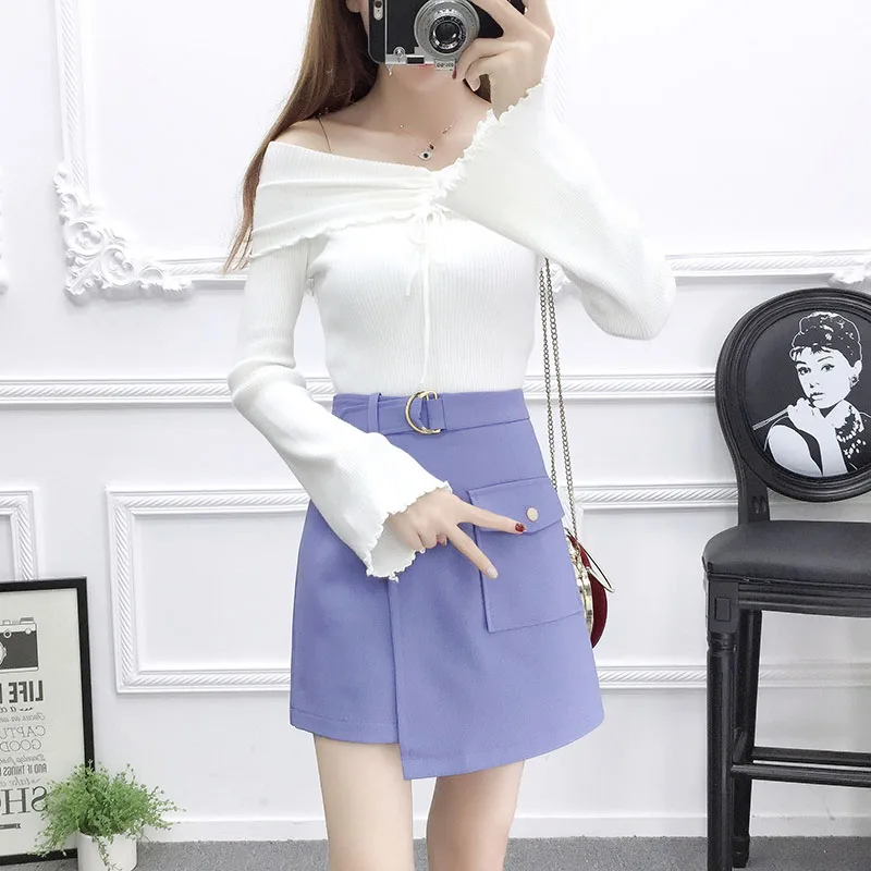 

new short skirt suit dew shoulder a word irregular skirt long sleeve knit top knitwear two-piece outfit solid vestidos women