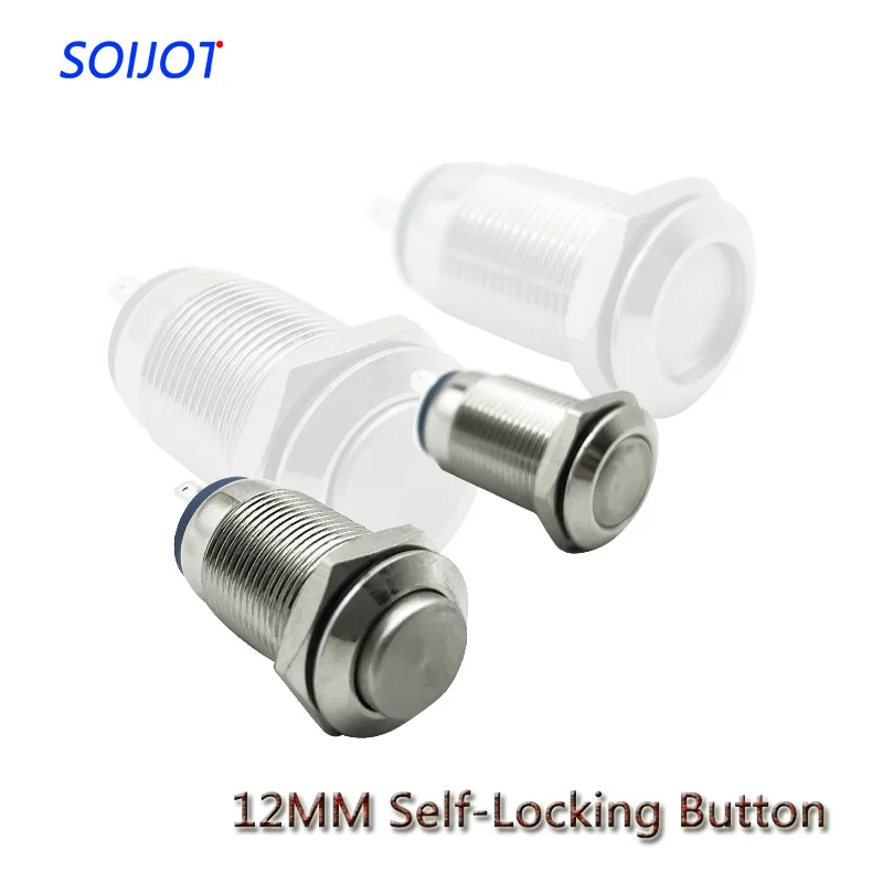 

1PC 12MM 2PIN Self-locking Metal Button Switch Fixed Latching Waterproof Metal Push Button Car System Home use High/Flat Head
