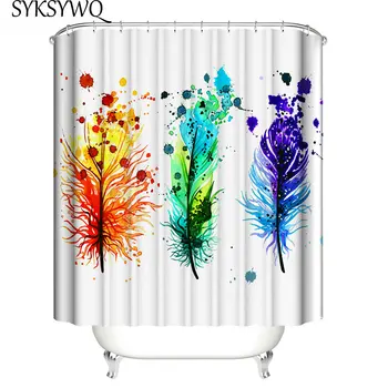 

Watercolor Feather Shower Curtain 3D Painting Curtains Shower Blue Yellow Fur Funny Bathroom Curtain Polyester Douchegordijn
