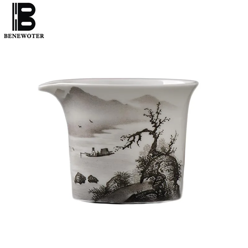 

240ml Jingdezhen Handmade Ceramic Porcelain Fair Cup Chahai Hand Painted Ink Landscape Teaware Kung Fu Tea Set Home Tea Mug Gift