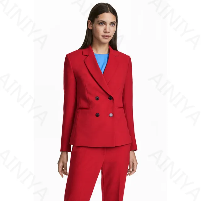 Red Women Suits Set Double Breasted Formal Office Lady Elegant Pants ...