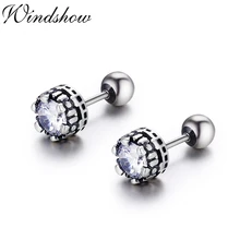 Ретро Винтаж Черный 925 пробы Серебряный Круглый CZ Корона винт серьги гвоздики для женщин девочек мужские ювелирные изделия Orecchini Aros Aretes