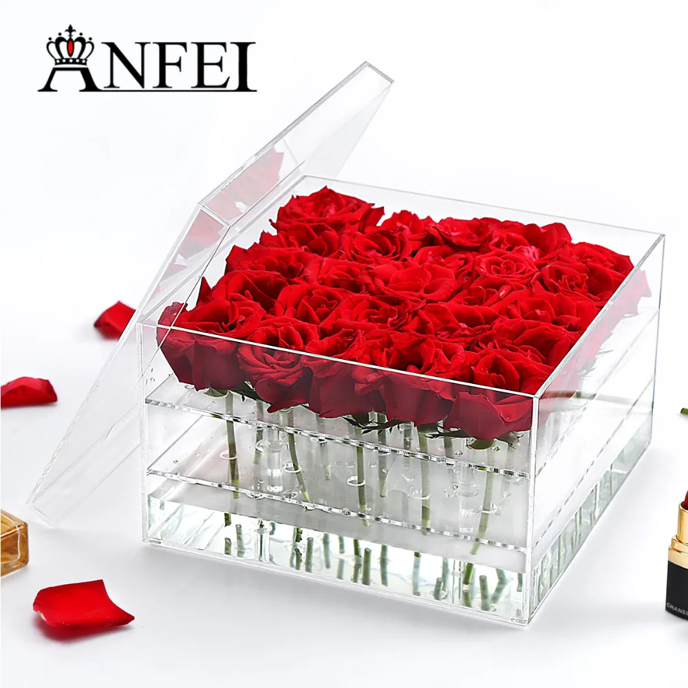 Baratos ANFEI nueva caja de flores de Rosa acrílica transparente de exhibición de joyería de acrílico de 4 estilos con tapa poner flores más de una romántica como un regalo