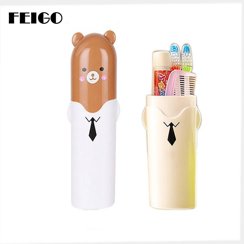 

FEIGO 1Pcs Portable Tooth Box Cute Cartoon Bear Travel Toothbrush Holder Brush Cap Clean Box Case Cover Cup For Bath Travel F701