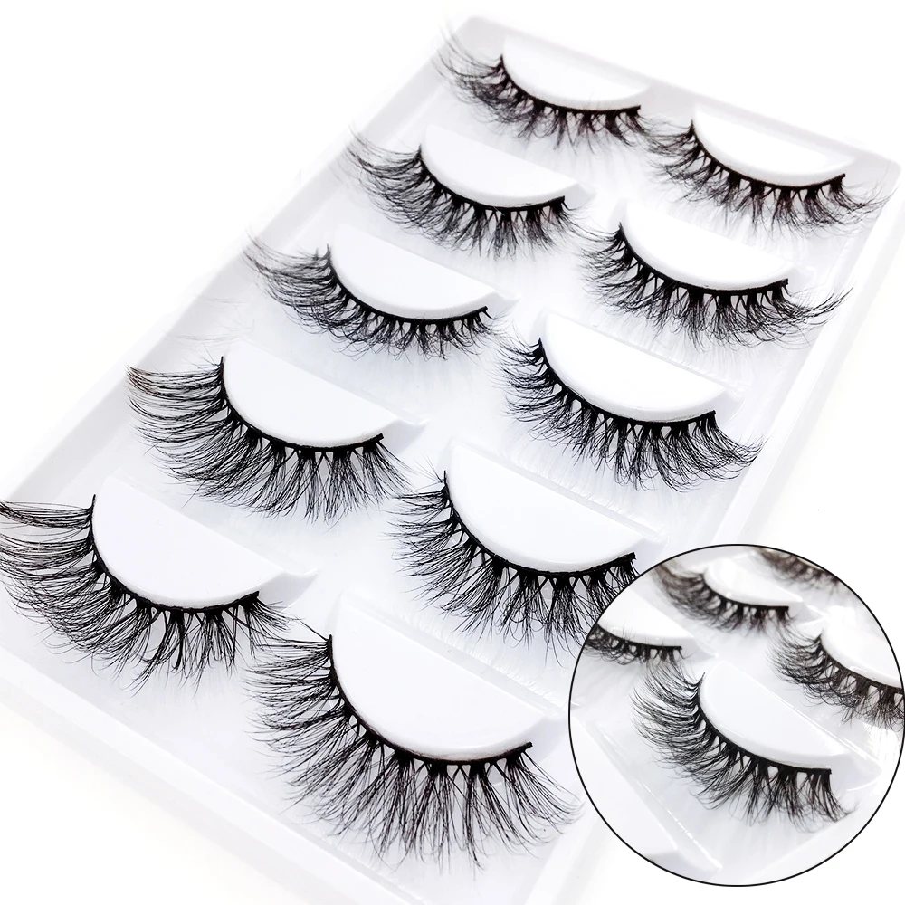 

5Pairs/Set 3D 100% Real Mink Hair False Eyelashes Wispies Fluffy Natural Long Lashes Volume Handmade Eye Extension Makeup Tools