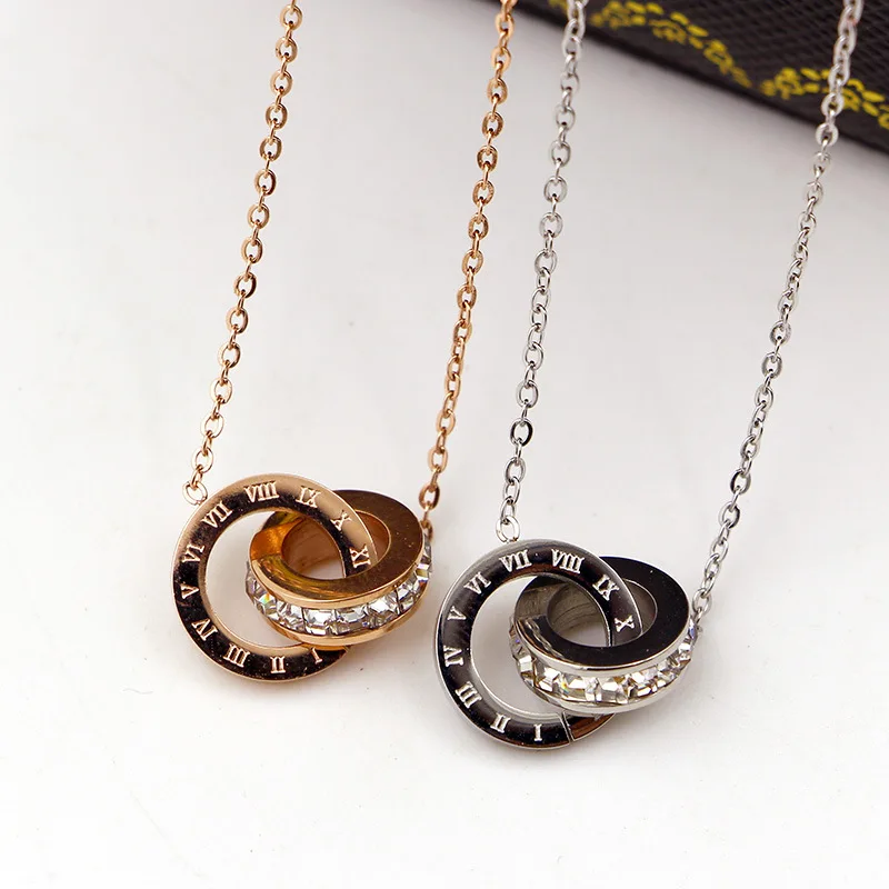 

Rose gold color stainless steel necklaces & pendants, double circles pink purple crystal statement necklace women jewellery