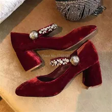 Mary Janes Crystal Women Pumps Fashion Velvet 5CM Square High Heels Ankle Strap Beauty Wedding Dress Shoes Woman Valentine Shoe