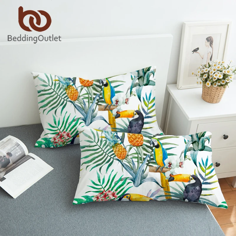 

BeddingOutlet Toucan Pillowcase Tropical Plant Decorative Pillow Case Pineapple Print Pillow Cover Flower Bedding One Pair