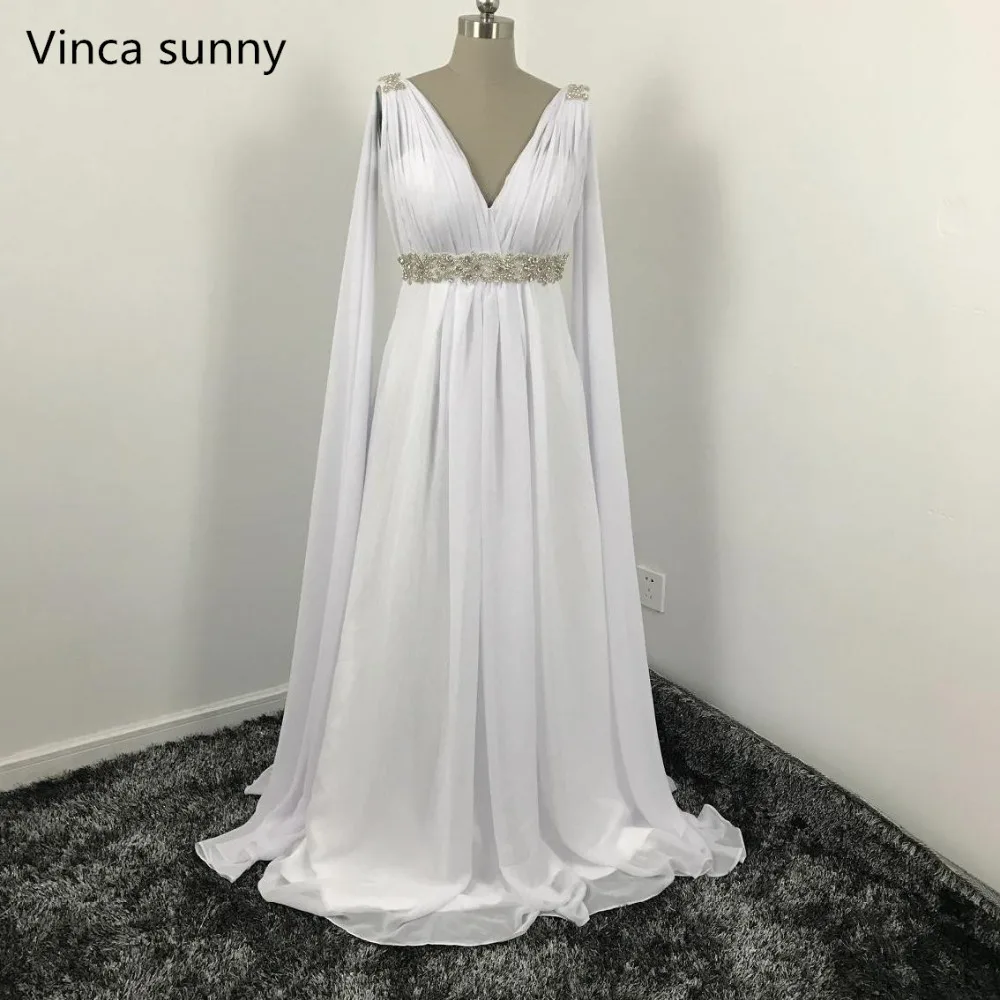 V-neck Long Chiffon Watteau Train Grecian Beach Wedding Dress