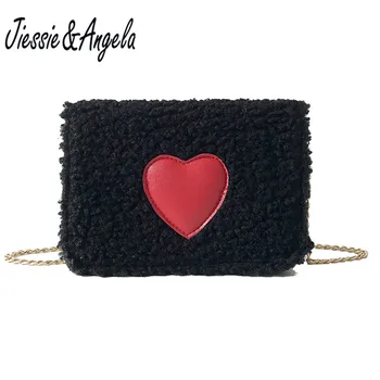 

Jiessie&Angela Lovely Sweet Heart Crossbody Bags For Women Winter Women Wool Fur Chain Shoulder Bag Lady's Messenger Bags