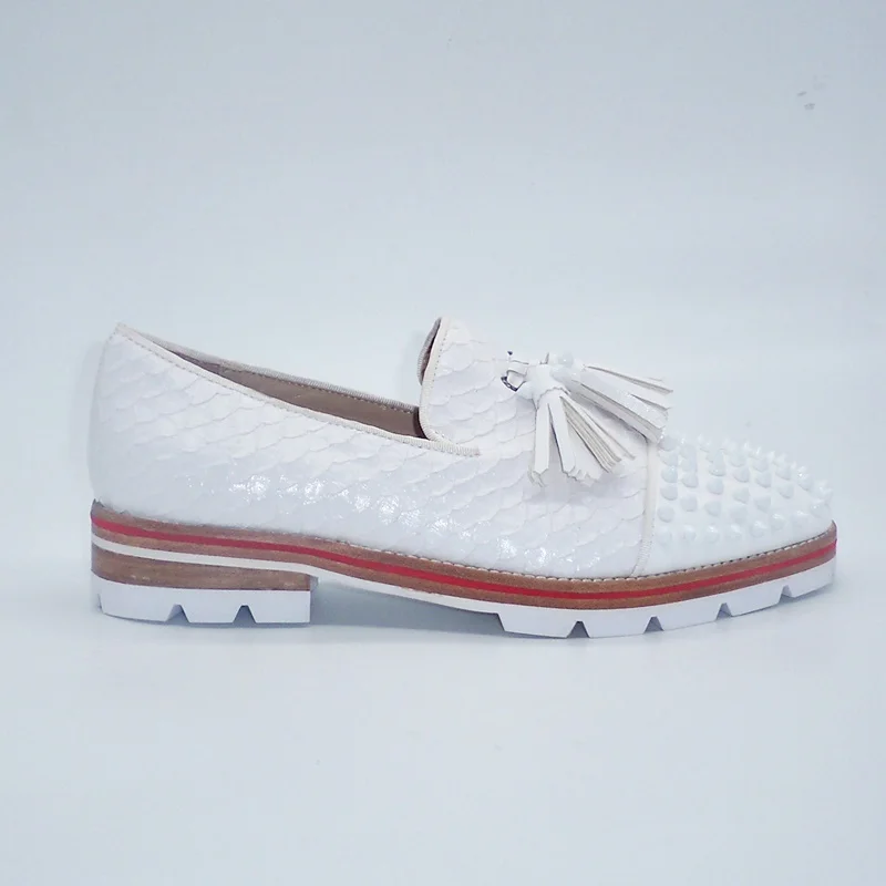 LOUBUTEN White Snakeskin Pattern Genuine Leather Tassel Loafers Slip On Men Dress Shoes Luxury Rivets Casual Shoes
