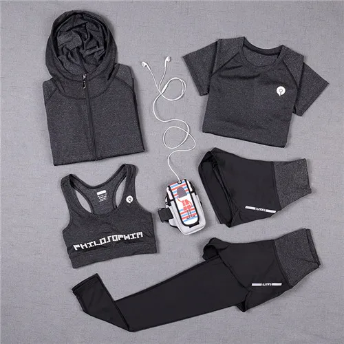 Быстросохнущая спортивная одежда, леггинсы для спортзала, женская футболка, костюм для фитнеса, трико, спортивный костюм, зеленый топ, комплект для йоги, женский спортивный костюм - Цвет: Dark gray 5pcs Set