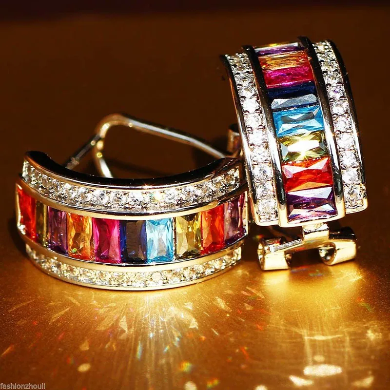 

Trendy Rainbow Circle Stud Earrings Romantic Colorful Paved Baguette CZ Earring Delicate Women Eternity Jewelry Gift L3K693