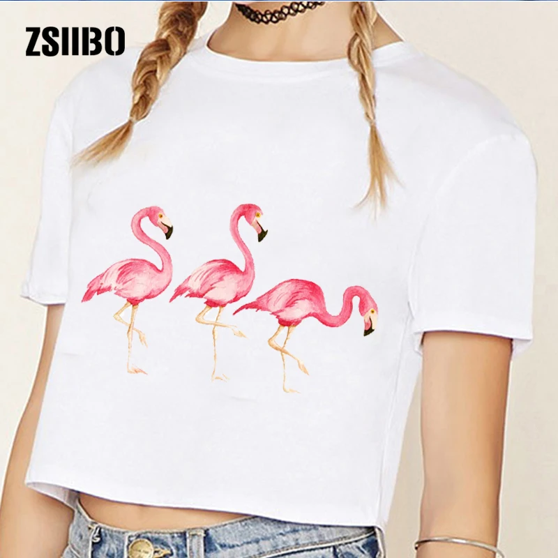 

New 2017 casual fashion Female summer short section Harajuku lovely flamingo dog cat expression funny exposed umbilical t-shirt