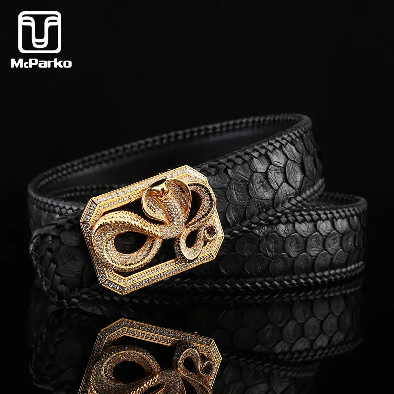 McParko Snakeskin Belt Men Genuine Leather Belt Real Snake Skin Luxury Design Woven Python Leather Waist Belts For Men Black New
