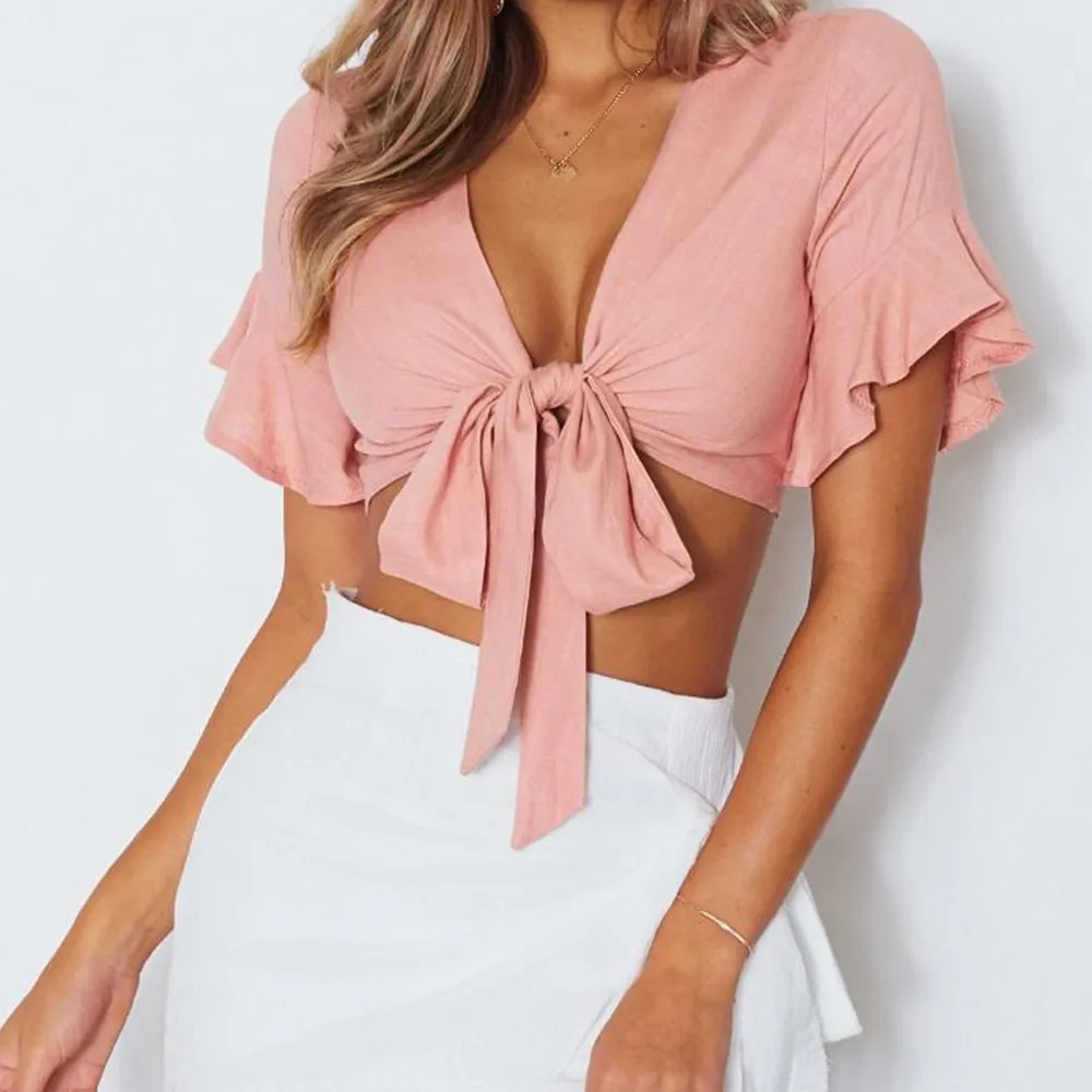 

2019 Hot Sale Women Sexy Bow Sexy Deep V-Neck Short Butterfly Sleeve Ruffles T-Shirt Crop Top t shirt femme Dropshipping #DA