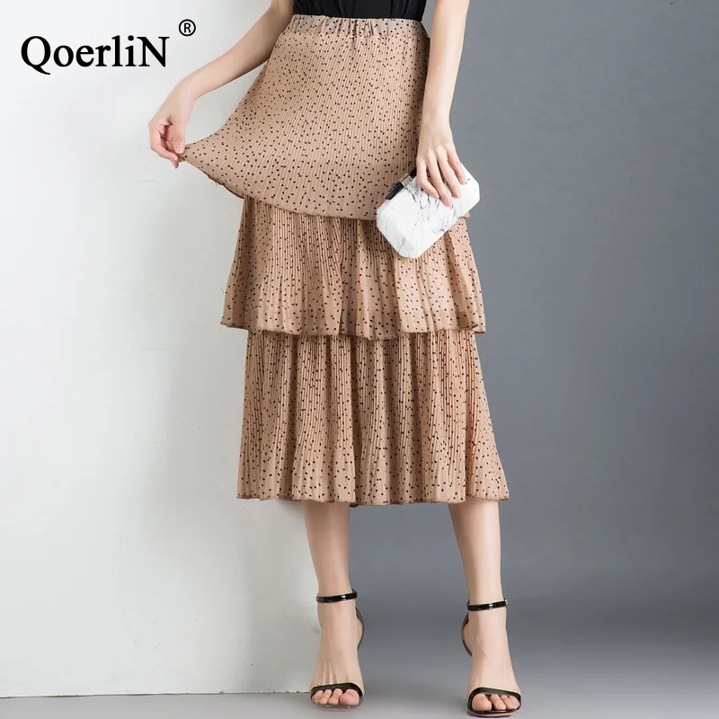 

QoerliN Polka Dot Skirt Female New Style Vintage High Waist Summer Beach Long Maxi Pleated Skirt Chiffon Cake Ruffle Skirt Women