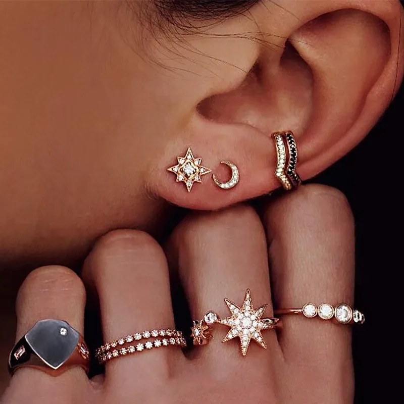 DIEZI Gold Color Knuckle Rings Set For Women Geometric Round Sun