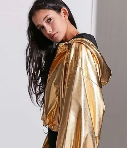 Womens Gold Sleeves Hooded Casual Loose Jacket Short Waist Length Outerwear Coat S34