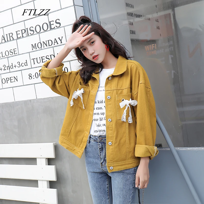 

FTLZZ Spring Women Denim Jacket Single Breasted Coats Casual Loose Female Cute Lace Bow Tie Up Decorate Turndown Collar Jakcet