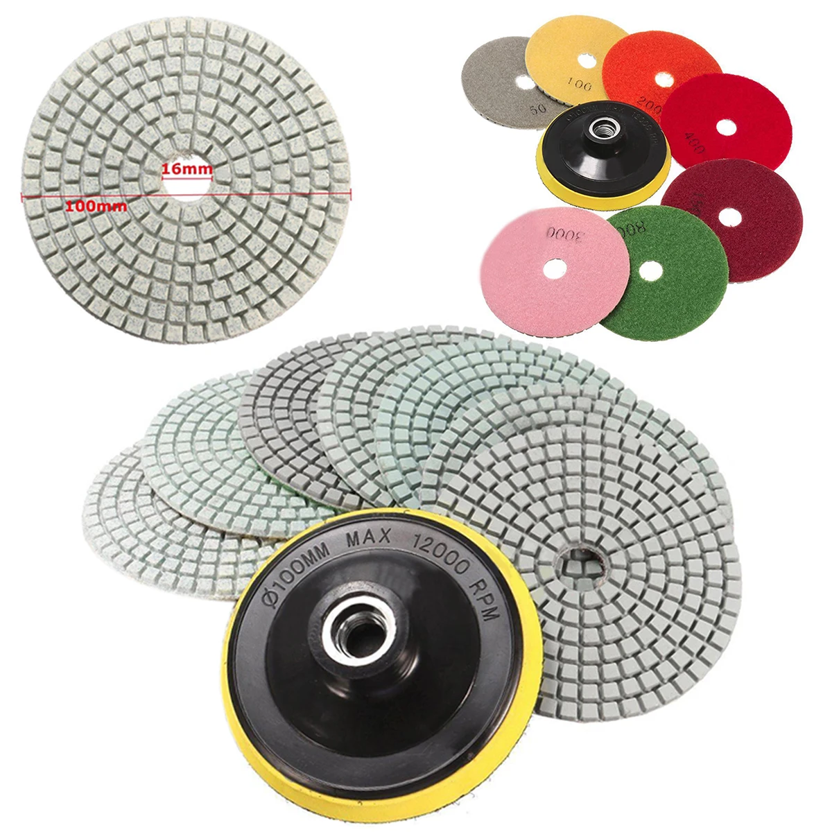 8pcs 4 inch Diamond Polishing Pads Wet/Dry Granite Concrete Marble Sanding Disc Set with Backer Pad