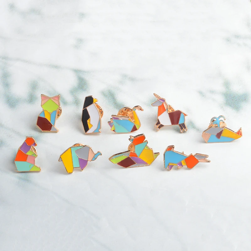 Us 075 25 Offorigami Paper Folding Animal Enamel Lapel Pin Tangram Elephant Rabbit Bunny Bear Squirrel Whale Fish Penguin Fox Design In Brooches