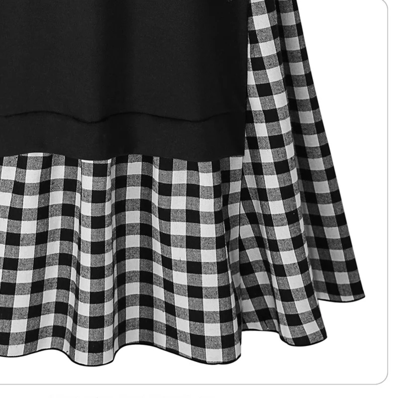 Fashion Spring and Autumn Large Size Women's Black Long Sleeve Round Neck Loose Dress Fake Two Piece Plaid Long dress 4XL