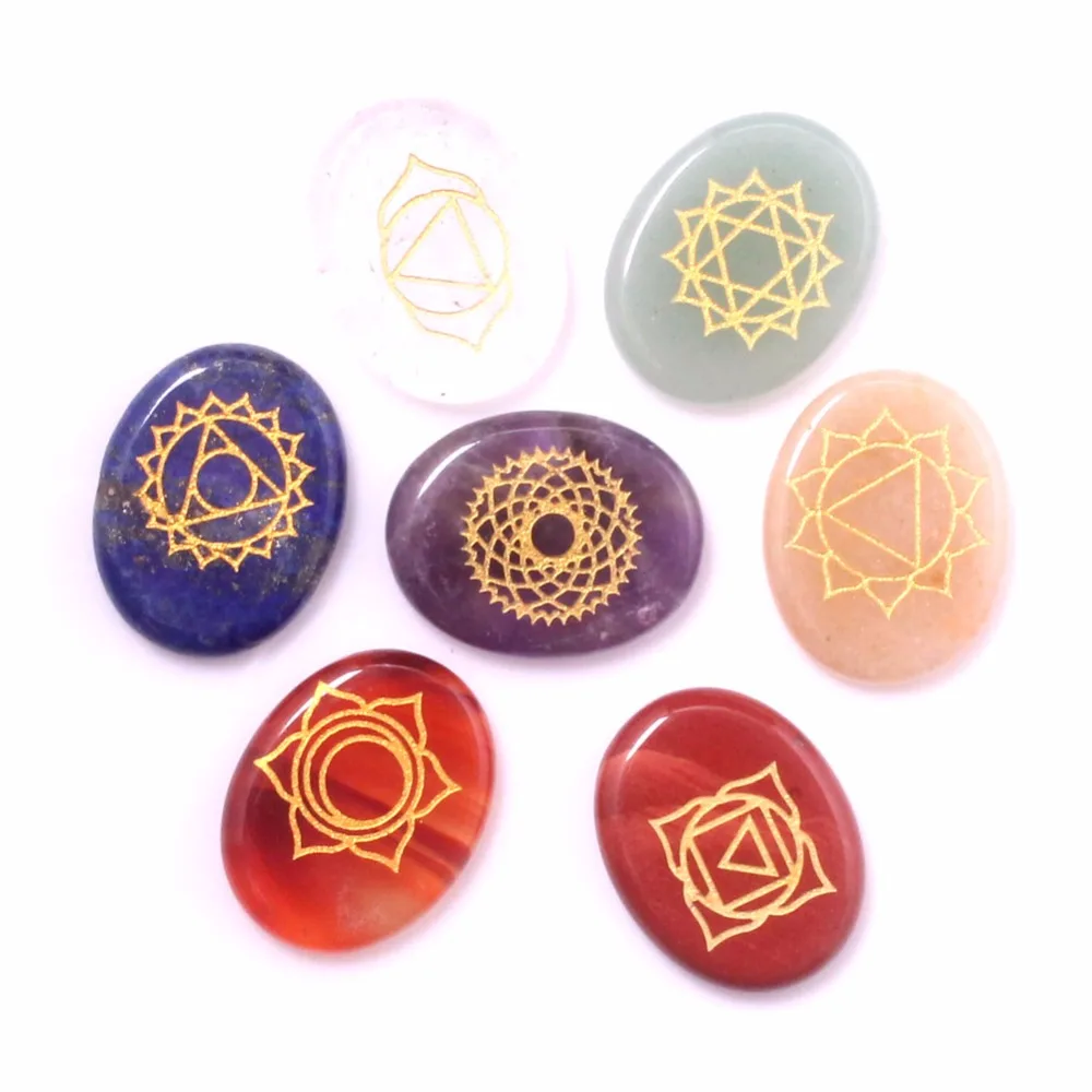 

7 Chakra Reiki Healing Yoga Meditation Balance Kit Polished Oval Engraved Stones Chakras Holistic Health Care Palm Therapy Set