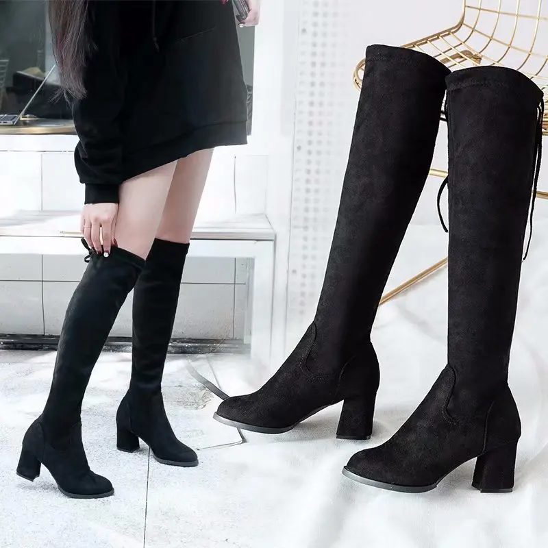

Autumn Women Fashion Comfortable Black Stretch Chunky Heels 65 Sling-Back Knee High Boots a Generation of Fat Elegant mo sha ron