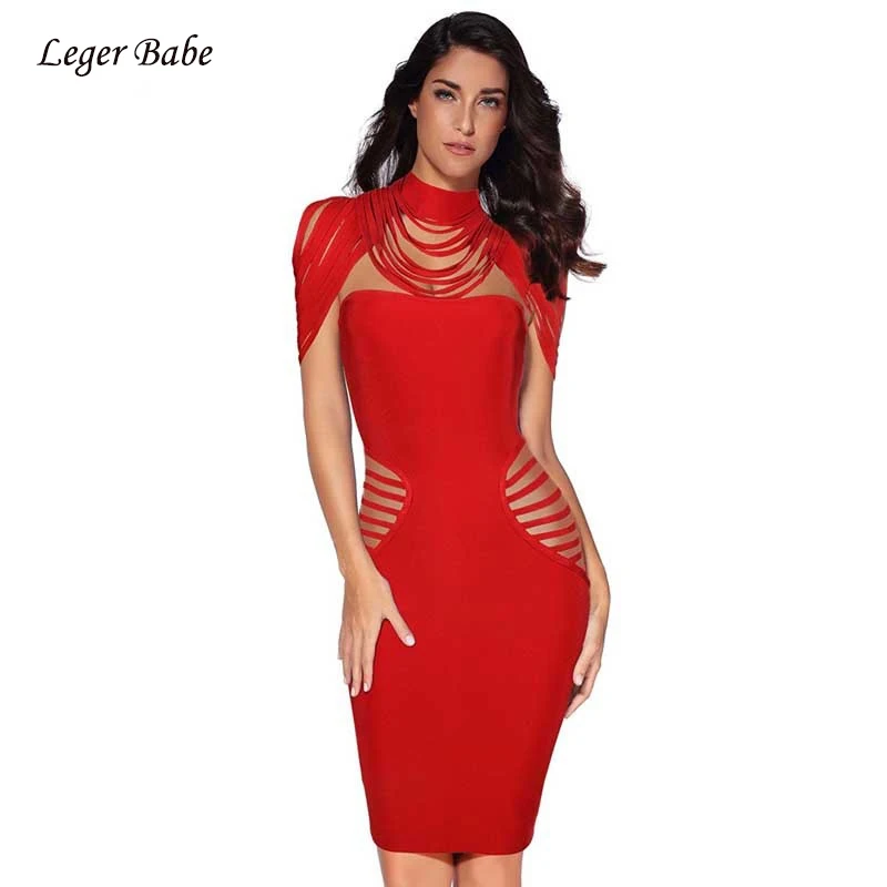 

New Red Women Bandage Dress Round Neck Turtleneck Hollow Out Shoulder Fringe Sexy Wine Party Bodycon Dresses Clubwear Vestidos