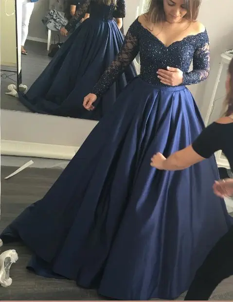 Vestidos De Festa Longo Scalloped Neck Long Sleeve Ball Gown Long Prom Gown Navy Blue Satin